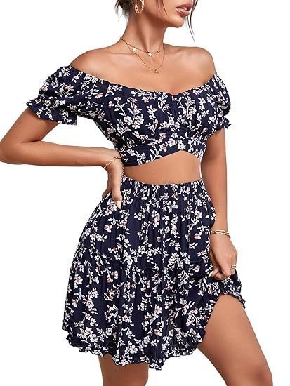 Women's 2 Piece Outfit Set Off Shoulder Crop Top and Mini Skirt - Image 3