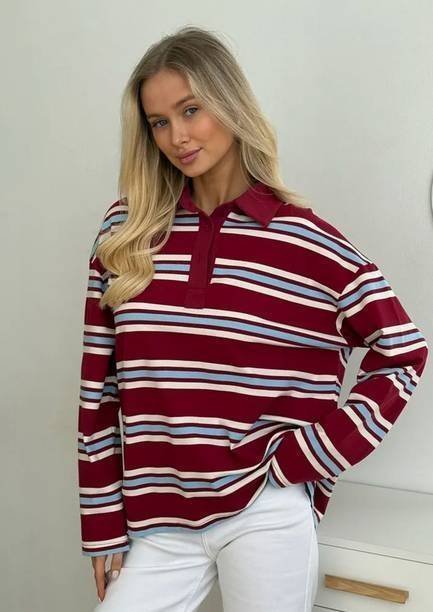 Striped Women Polo Neck Maroon T-Shirt