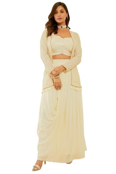 Womens White Embroidered Georgette Co-ord Set