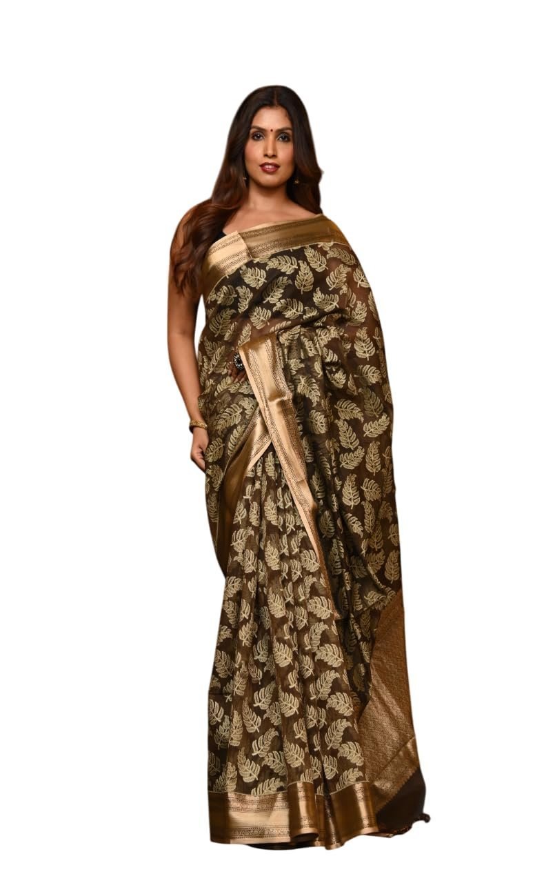 Women's Premium Cotton Blend Handloom Banarasi saree Black Gold