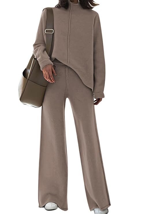 Women's 2 Piece Sweatsuit Outfits Long Sleeve High Neck Knit Pullover Sweater Top High Waist Wide Legs Pants Lounge Set