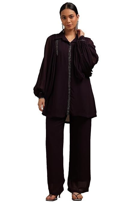 Womens Georgette Solid Co-Ord Set With Mukaish Work