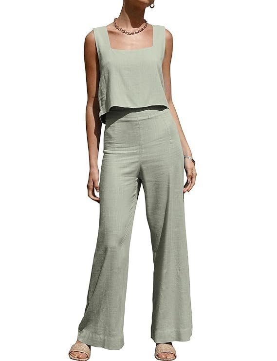 Women's Summer 2 Piece Outfits Sleeveless Square Neck Tops Wide Leg Pants set Jumpsuit with Pockets