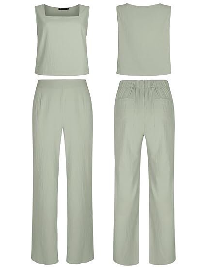 Women's Summer 2 Piece Outfits Sleeveless Square Neck Tops Wide Leg Pants set Jumpsuit with Pockets - Image 4