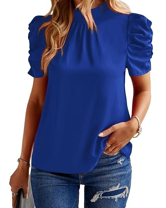 Women's Summer Boho Shirt Top Ruffle Short Sleeve Frill Trim Mock Neck Floral Solid 2023 Casual Blouses Shirts Tops