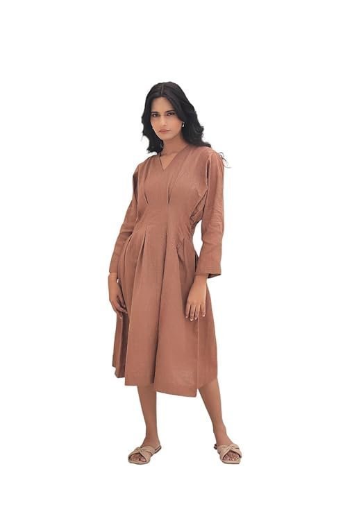 Breeze Linen Nutshell Midi Dress | Organic Linen V Neck Full Sleeve Style | Relaxed Fit Women’s Outfit