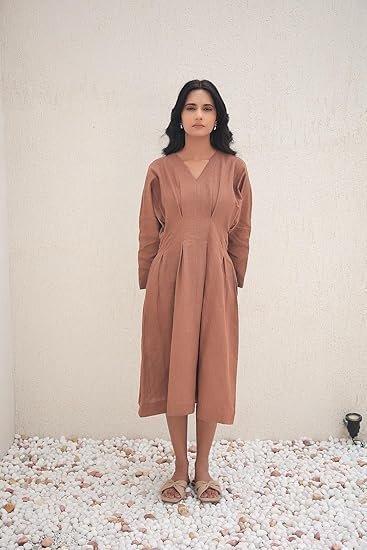 Breeze Linen Nutshell Midi Dress | Organic Linen V Neck Full Sleeve Style | Relaxed Fit Women’s Outfit - Image 2