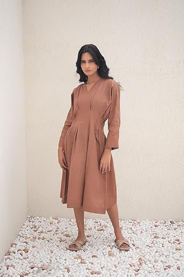 Breeze Linen Nutshell Midi Dress | Organic Linen V Neck Full Sleeve Style | Relaxed Fit Women’s Outfit - Image 3