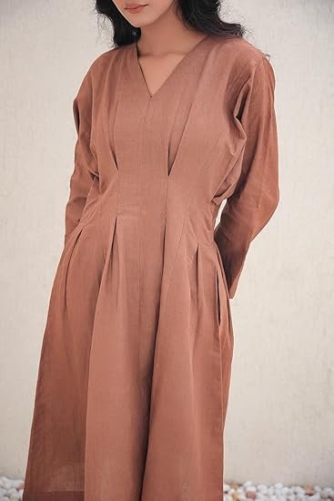 Breeze Linen Nutshell Midi Dress | Organic Linen V Neck Full Sleeve Style | Relaxed Fit Women’s Outfit - Image 4