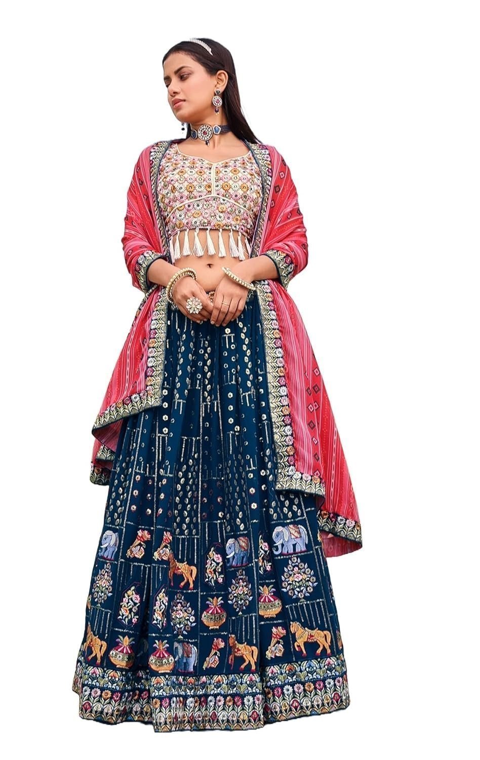 Women's Georgette Semi Stitched Lehenga Choli with Dupatta | Thread and Sequin Embroidery Pattern | Traditional, Wedding, Ethnic Wear Lehenga (Blue)