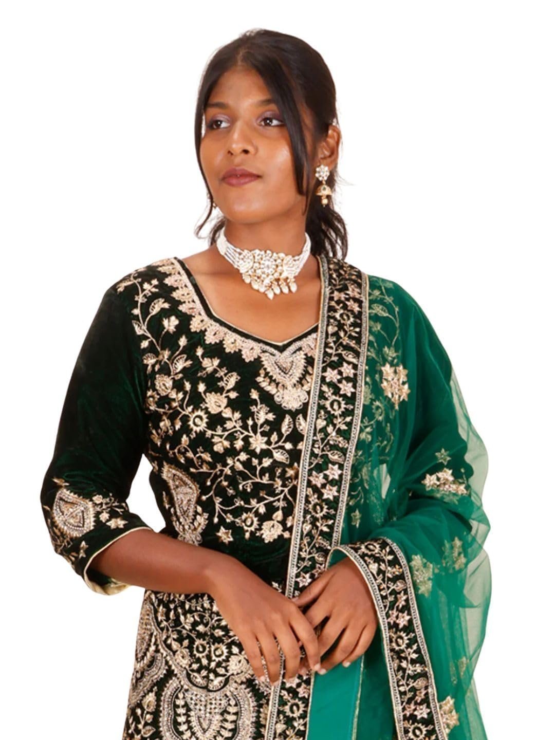 Women's Green & Black Embroidered Lehenga Set | Net Silk & Velvet | Sequin Work | Free Size | 42-Inch Flared Skirt with 7-Inch Border | 18-Inch Top Length | 228 cm Dupatta