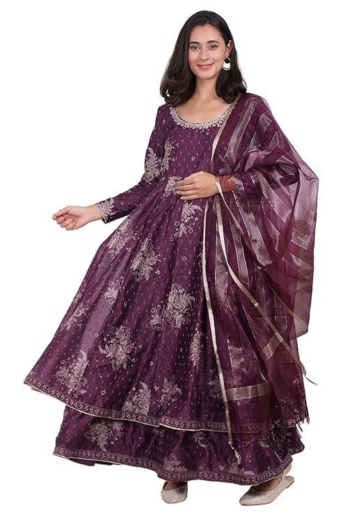 Floral Printed Embroidered Anarkali Kurta with Dupatta Set