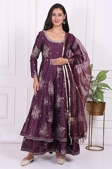 Floral Printed Embroidered Anarkali Kurta with Dupatta Set - Image 2
