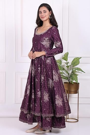Floral Printed Embroidered Anarkali Kurta with Dupatta Set - Image 3