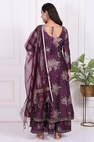 Floral Printed Embroidered Anarkali Kurta with Dupatta Set - Image 4