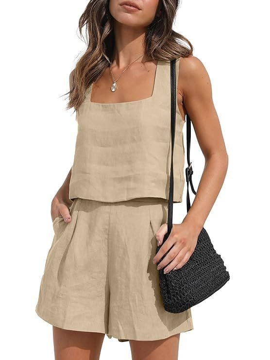 Womens 2 Piece Outfits Lounge Matching Sets Two Piece Linen Shorts Crop Tops 2023 Trendy Clothes Summer Vacation Set, Khaki, Medium